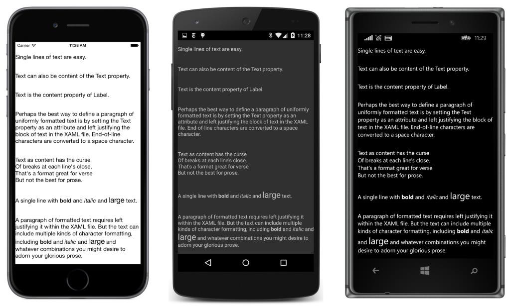Three side-by-side screenshots showing formatted text displayed from XAML on iPhone, Android, and Windows Phone.